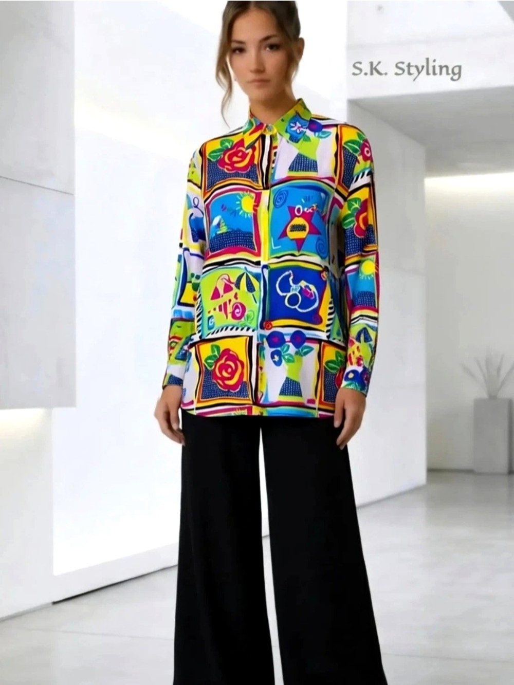 NEW Vtg 90's PIANO 100% Silk Art to Wear Button up Blouse Long Sleeve Shirt L